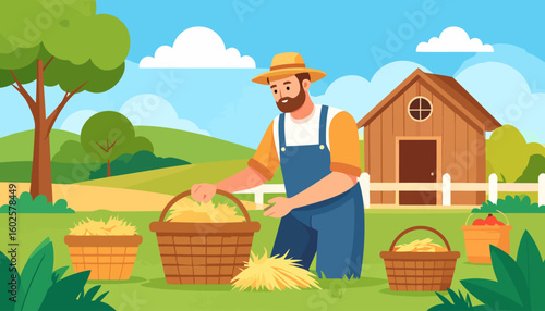Bearded farmer in a straw hat and blue overalls gathering hay into a wicker basket.