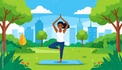 Smiling Black woman in a white top and blue leggings practicing the yoga tree pose.