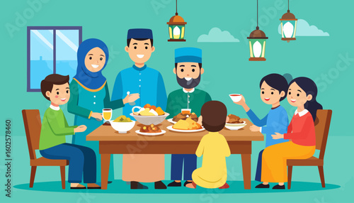 Happy Muslim family in traditional attire celebrating and eating together at a dining table.