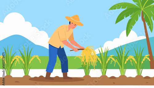 Male farmer in a yellow hat and shirt, bent over while harvesting golden rice stalks by hand.