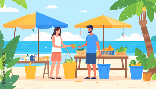 Man selling fresh fruit to a woman at a vibrant tropical beach market under sunny umbrellas.