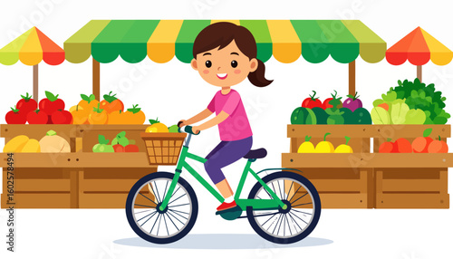 Smiling cartoon girl with a ponytail riding a green bicycle with a wicker basket.