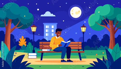 Young Black man in a yellow sweater, smiling contentedly while reading a book on a bench.