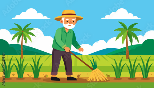 Cartoon illustration of a happy senior farmer with a white beard, wearing a straw hat and raking a green field.