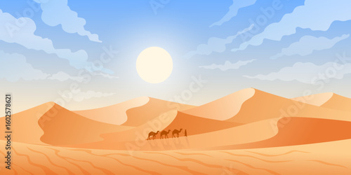 Desert landscape. Bedouin leads a camel caravan through sand dunes