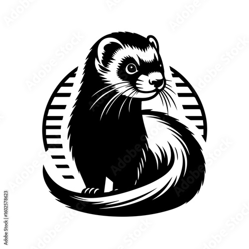 Stylized illustration of a ferret sitting in a circular frame