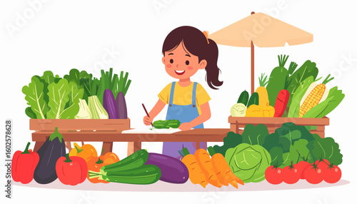 Happy cartoon girl in overalls at a vibrant farmers market stall full of fresh vegetables.