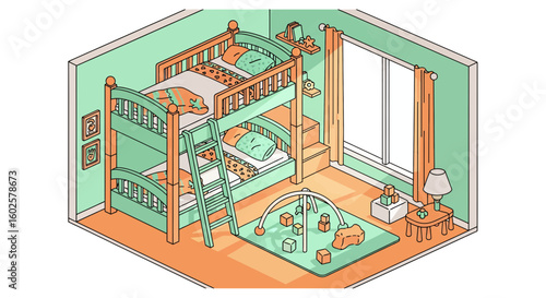 Nursery room with bunk bed and toys isometric view
