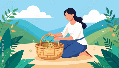 Illustration of a serene woman with dark hair kneeling while tending to a woven wicker basket full of grass.
