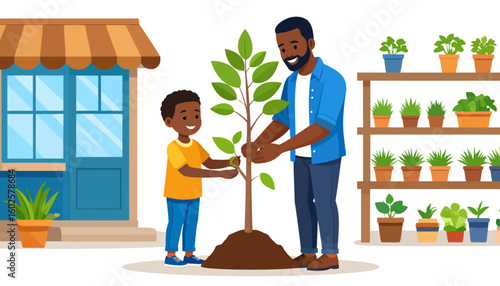 A smiling Black father and his young son carefully planting a green sapling together.