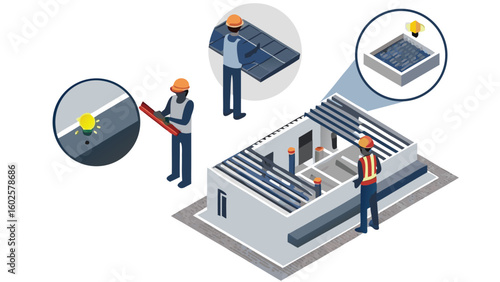 Isometric view of construction workers installing solar panels on a building and checking lighting