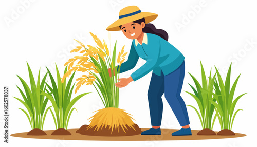 Smiling female farmer in a yellow straw hat harvesting a sheaf of golden rice from a lush green paddy field.