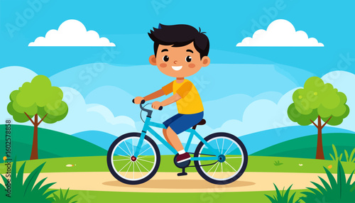 Smiling cartoon boy with black hair and a yellow shirt joyfully riding a light blue bicycle.