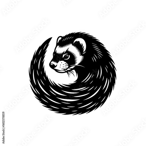 A stylized illustration of a ferret curled into a perfect circle isolated on white background