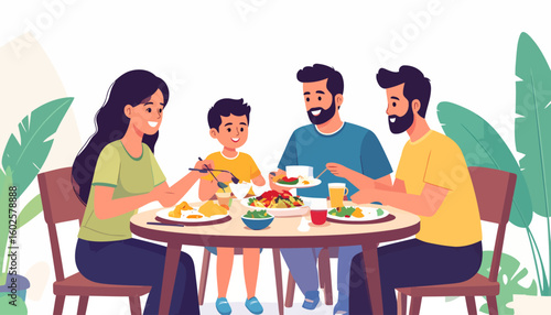 Happy diverse family of four, including two fathers and a son, enjoying a meal together at a round wooden table.