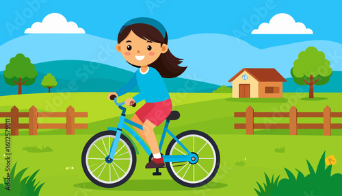 Cheerful young girl in a blue shirt and headband happily riding her light blue bicycle.