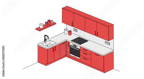 Red kitchen corner layout with appliances and storage