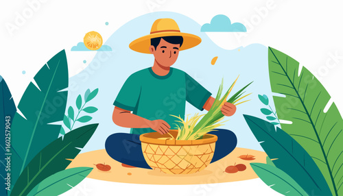 A young farmer wearing a yellow straw hat, sitting cross-legged while sorting freshly harvested rice stalks into a woven basket.