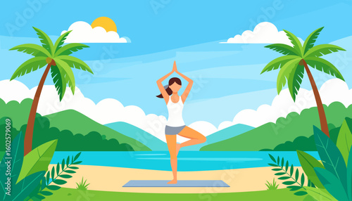 Faceless woman in a white tank top and shorts, practicing the Vrikshasana yoga tree pose.