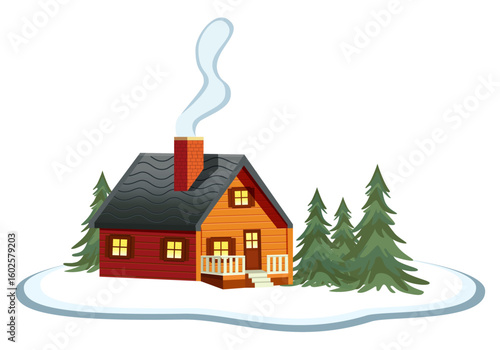 A house in a winter forest surrounded by coniferous forest. Vector. Cartoon. Concept: Calm cozy New Year atmosphere for web design, postcards, stickers, printing