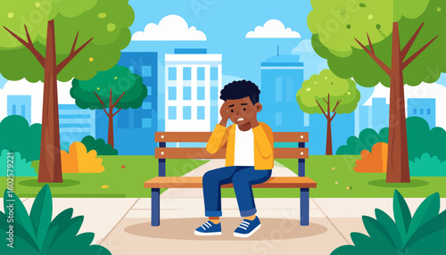 Anxious young man in a yellow jacket sitting on a bench with a worried expression.