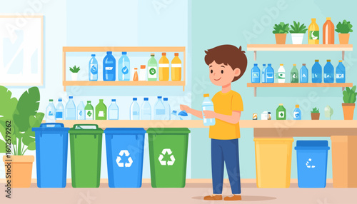 Smiling cartoon boy in a yellow t-shirt and blue pants sorting plastic bottles for recycling.