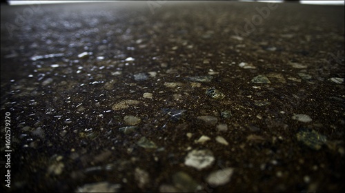 Abstract dark concrete surface with raw texture variations, highlighting weathered cracks and aggregates under moody lighting.
