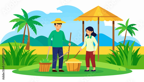 A farming couple working together in a field, the man wears a straw hat and the woman smiles while they use tools and baskets.