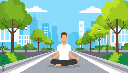 Faceless man in a white t-shirt and black pants meditating in a calm lotus pose.