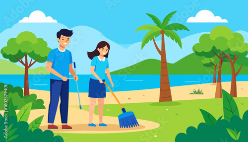 Young man and woman in blue shirts volunteering to clean a park, using a litter picker and a broom.