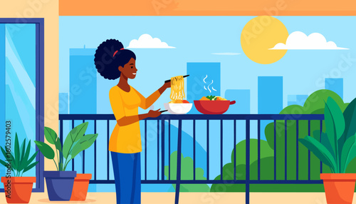 Smiling Black woman with an afro puff eating steaming noodles with chopsticks on a sunny balcony.