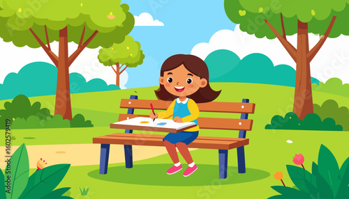 Cheerful cartoon girl with brown hair sitting on a wooden bench and drawing with a red crayon.