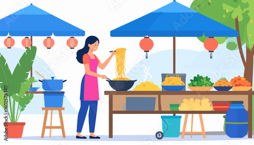 A female vendor cooking fresh noodles at a vibrant Asian street food market stall with blue umbrellas and red lanterns.