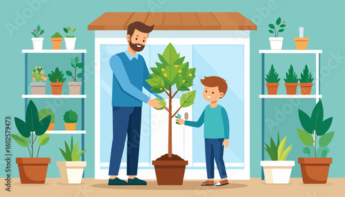 Bearded father and young son happily tending to a potted lemon tree in a greenhouse.