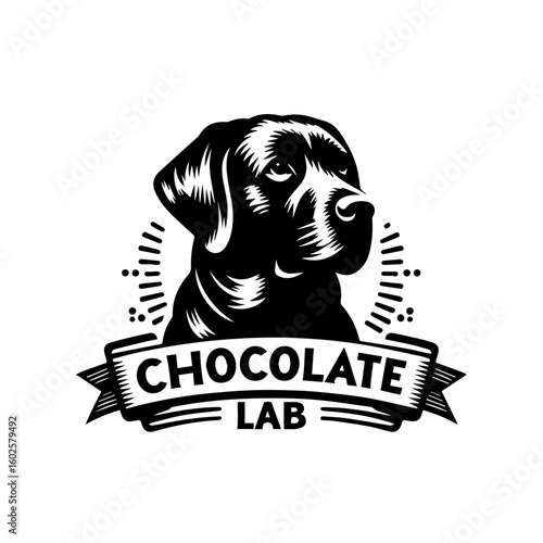 Chocolate lab logo with a black labrador head and a banner