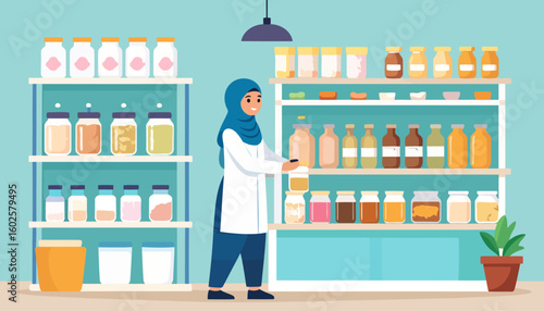 Smiling Muslim woman in a blue hijab and white coat organizing jars on a pantry shelf.