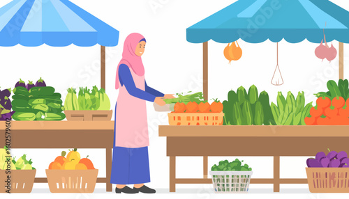 Smiling Muslim woman in a pink hijab and apron choosing fresh vegetables at an outdoor market stall.