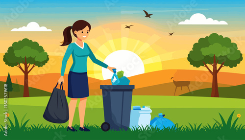 Smiling woman with a ponytail, wearing a teal shirt, responsibly disposing of trash in a bin.
