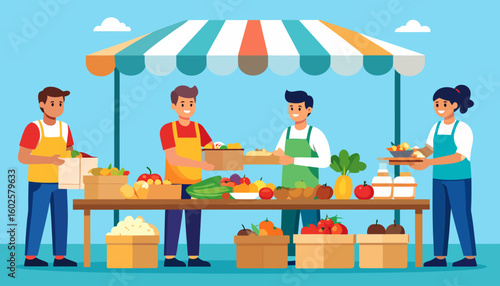 Vibrant flat illustration of a farmers' market stall with vendors selling fresh organic produce to happy customers.