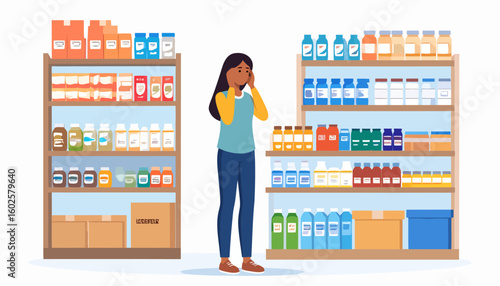 Anxious woman with a headache overwhelmed by the choice of medicine in a pharmacy aisle.