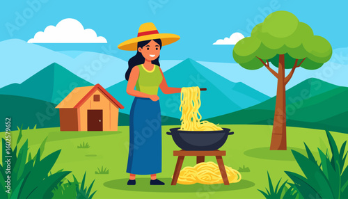 Cheerful woman in a yellow sun hat and blue skirt, cooking long yellow noodles in a large black wok.