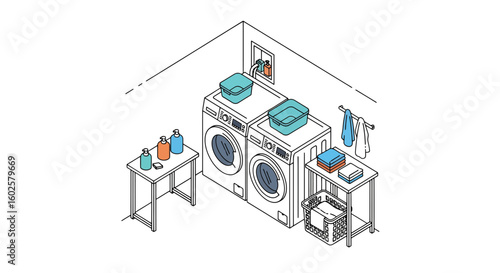 Laundry room interior with washer dryer and storage