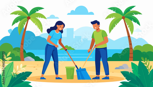 Happy young couple in casual wear cleaning a beach with a broom and bucket.