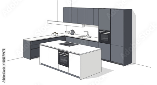 Modern kitchen layout with island and appliances