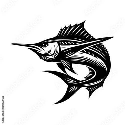 A dynamic black and white illustration of a marlin in motion isolated on white background
