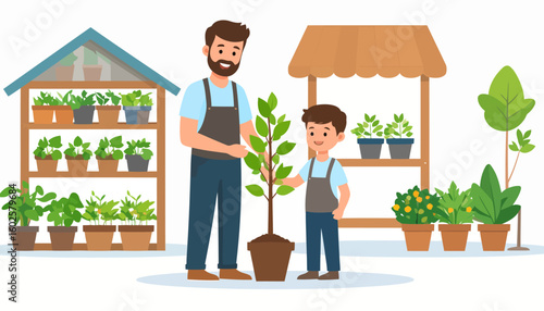 Happy bearded father and son in aprons examining a young potted tree together in a garden.