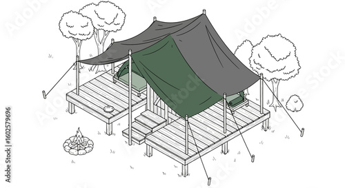 Outdoor camping shelter with fire and trees