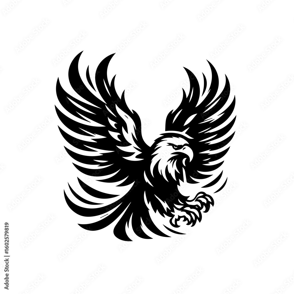 Obraz premium A fierce black eagle with wings spread wide isolated on white background