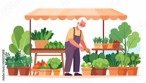 Elderly farmer with a white beard and glasses tending to fresh vegetables at a market stall.