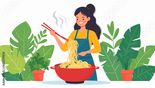 Smiling woman with a ponytail in a blue apron happily cooking steaming noodles in a large red bowl with chopsticks.